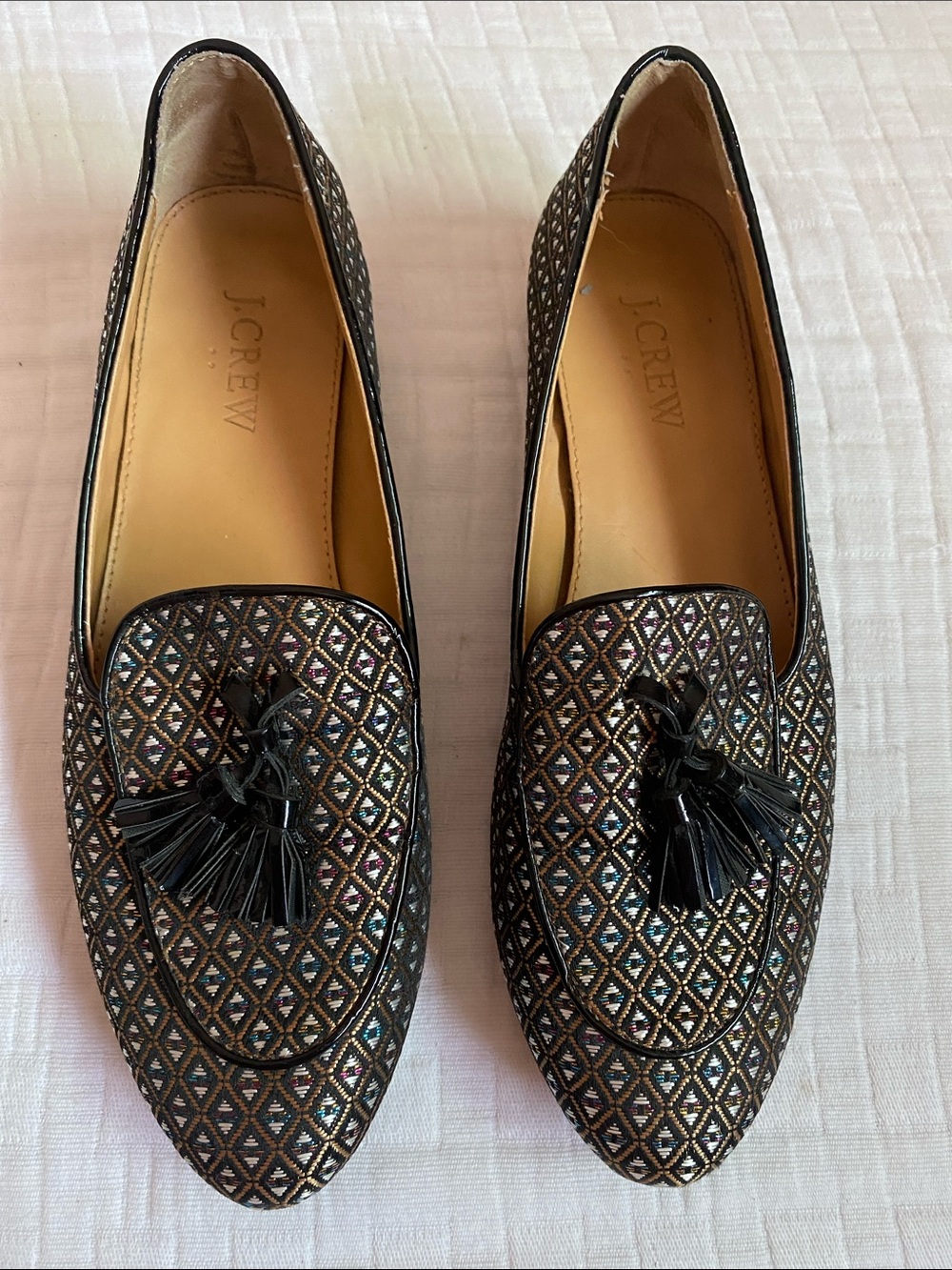 J. CREW Metallic Black Tassel Loafers with Multicolor Diamond Pattern